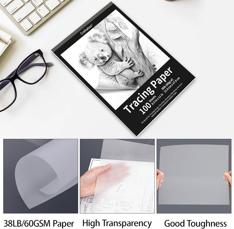 Crehatos ورق تتبع 8.5" x 11"، لوح تتبع شفاف، 100 ورقة 38lb/60gsm ورق فني من الفيلوم - Image 4